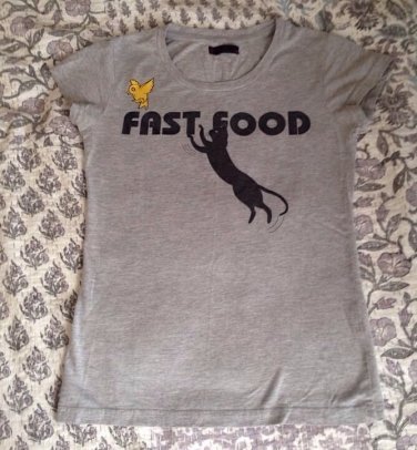 Fast Food Cat And Bird Gray TShirt Tee Extra Small XS