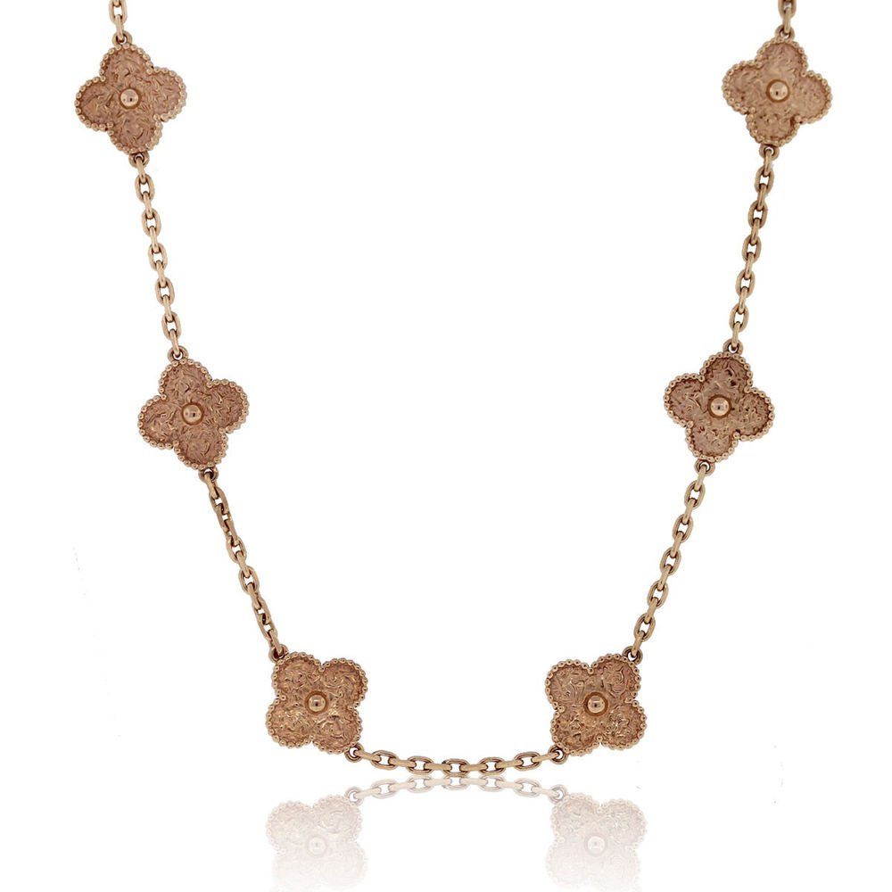Van Cleef & Arpels 18k Rose Gold 10 Motif Vintage Alhambra Necklace