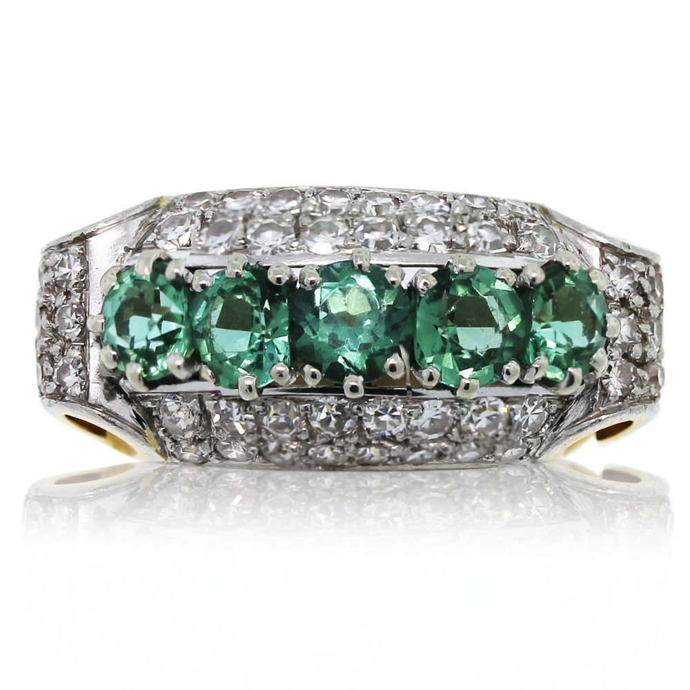 18k Two Tone Irradiated Green Diamond Cluster Ring