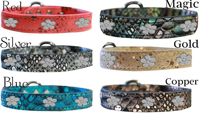 Fancy LEATHER FLOWER CHARMS DOG COLLAR - SIZES SMALL 12(8" - 10")