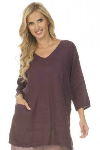 Match Point Linen HLT369 Round Neck Pullover Baby Doll Top Shirt w Pockets NEW!