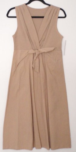 Luna Luz Classic Sleeveless Boho V Neck Front Tie European Dress Tan/Navy NEW!
