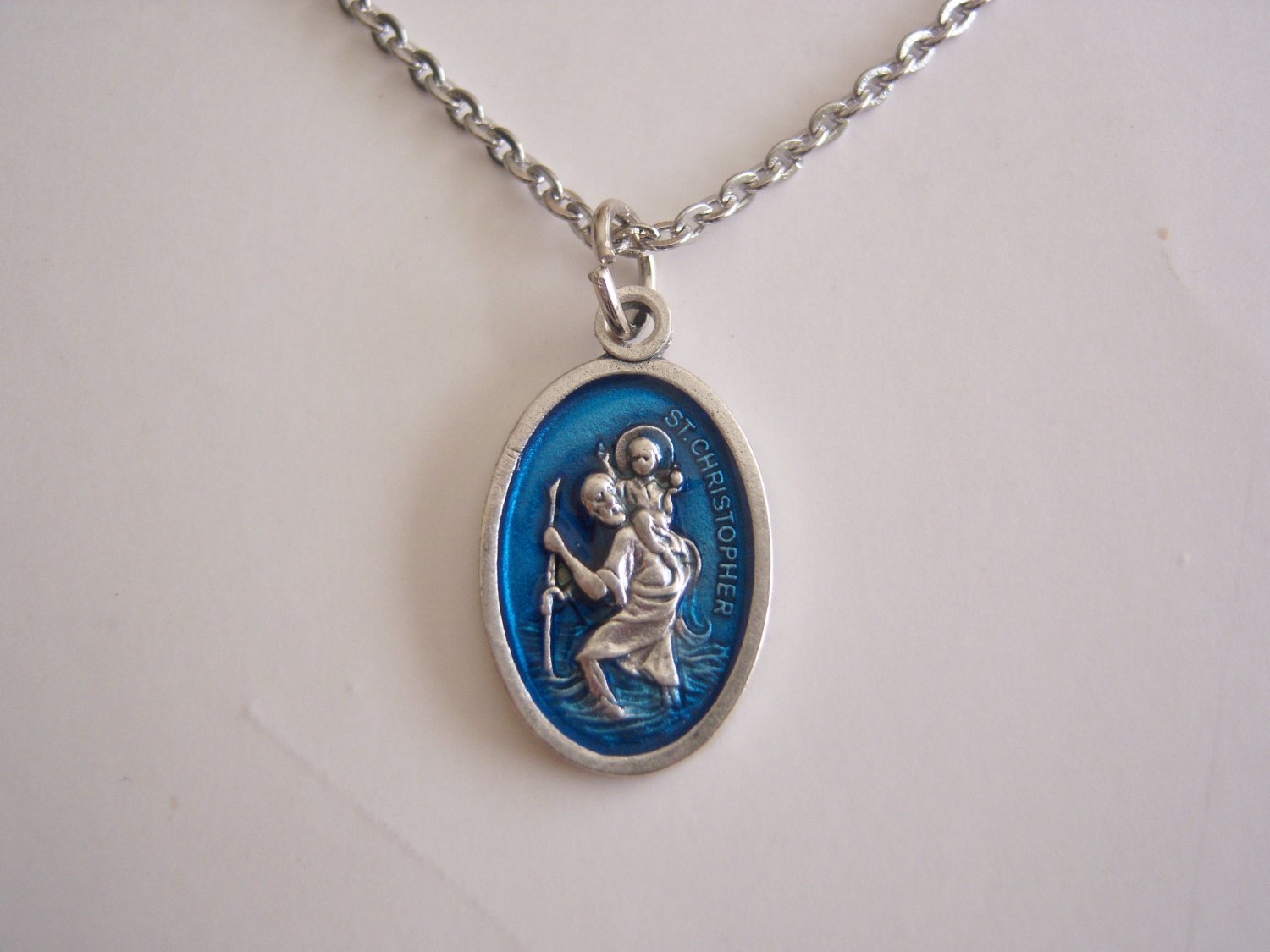 Oxidized Silver Plated and Blue Enamel St. Christopher on a 20" Stainless Steel Necklace