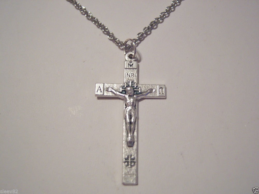 Oxidized Silver Plated Crucifix Cross on Stainless Steel Necklace FREE SHIPPING