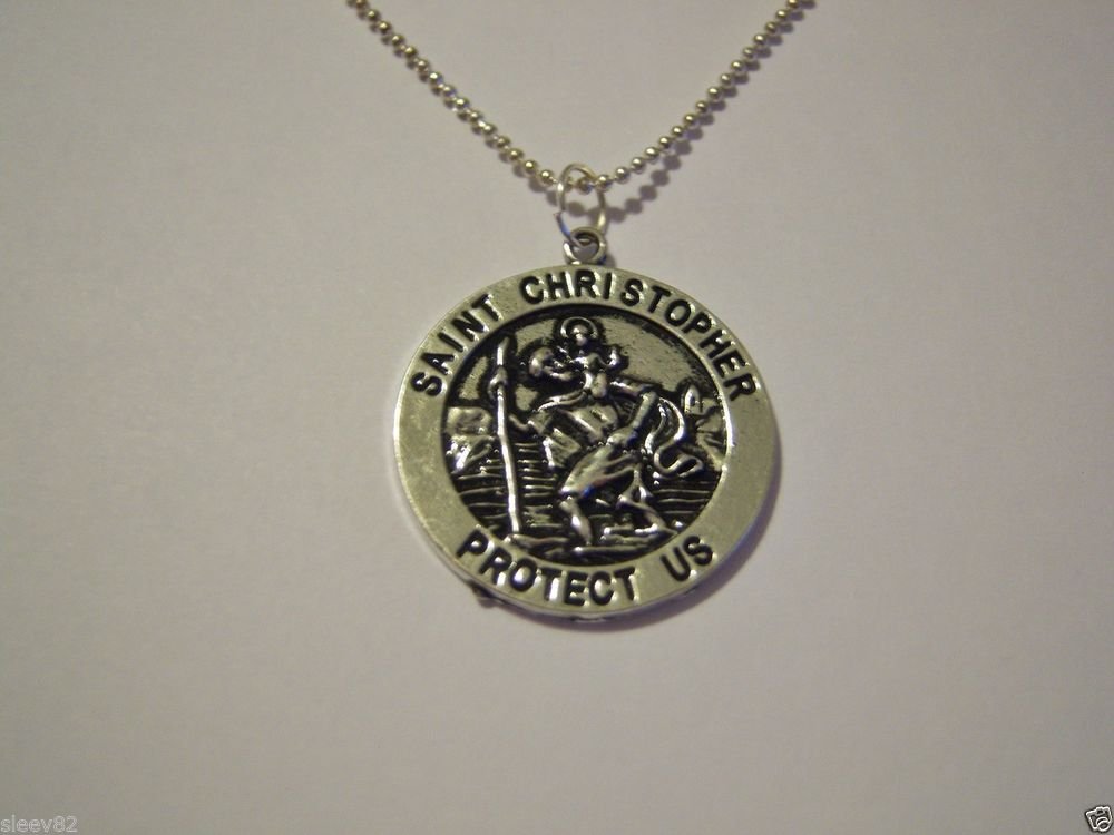 Saint Christopher Medallion on a 1mm Silver Plated Ball Chain Necklace