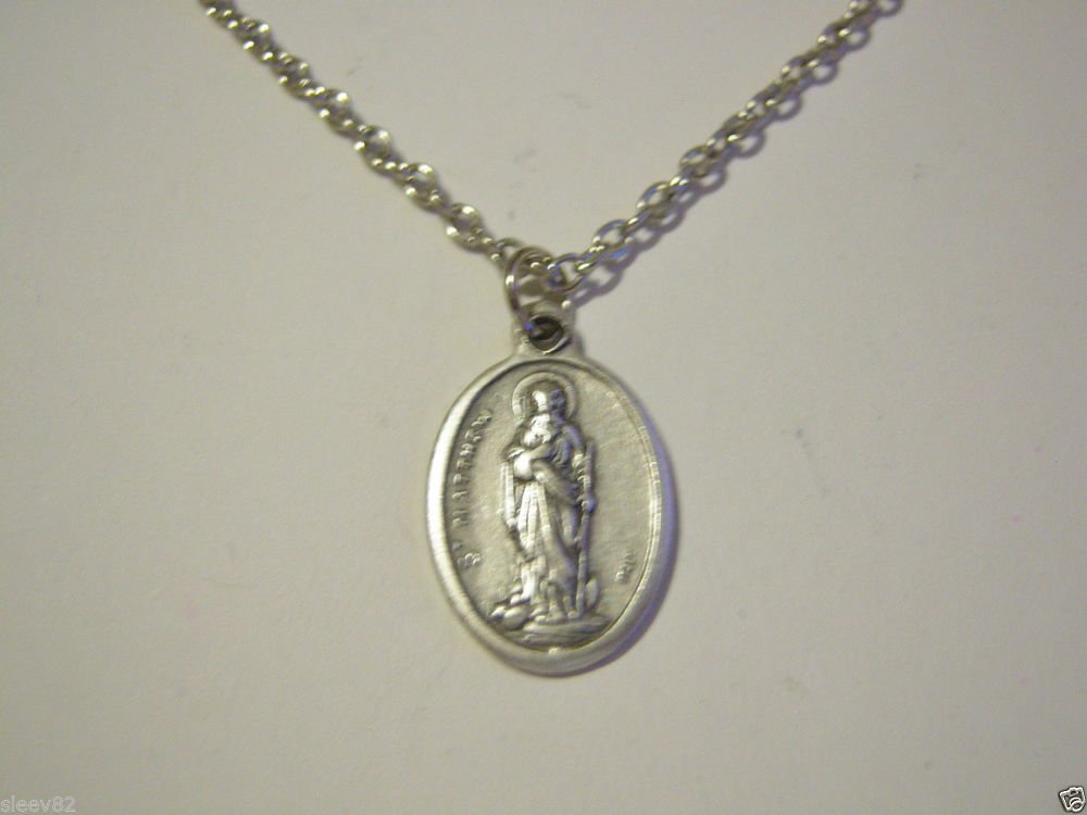 Oxidized Silver Plated Saint Matthew Medal on a Antique Silver Plated Necklace