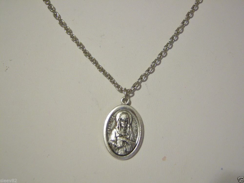 Silver Plated Oxidized St. Alice on an Antique Silver Plated Necklace