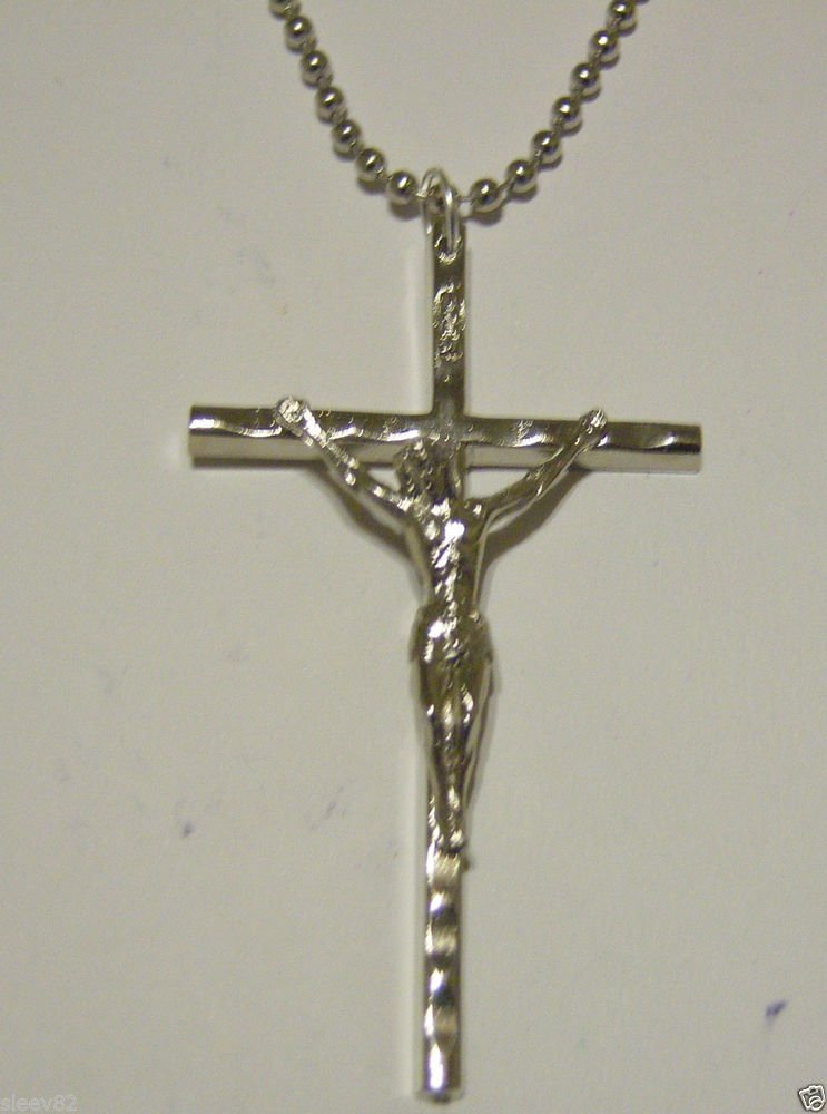 Large Oxidized Silver Plated Crucifix Stainless Steel Necklace Detailed Jesus