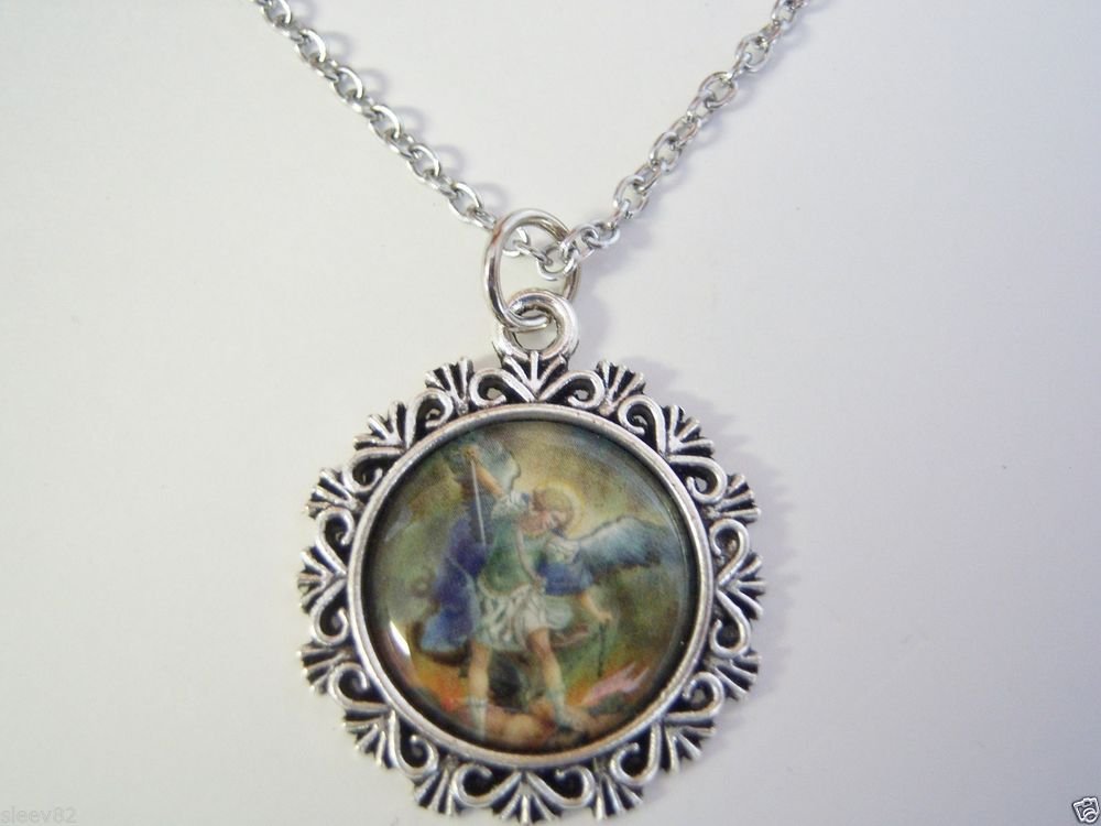 Silver Plated Saint Michael Medallion on a Stainless Steel Necklace
