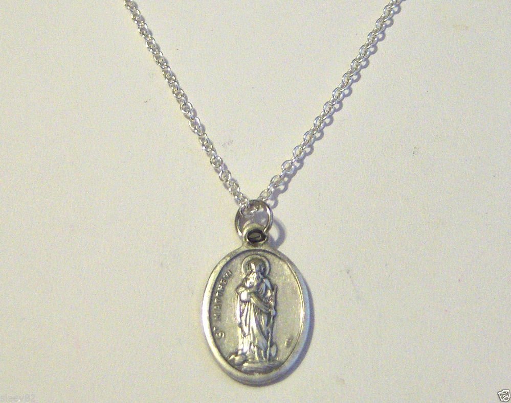 Oxidized Silver Plated Saint Matthew on Silver Plated Necklace ~