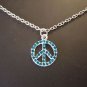 Blue Rhinestone Peace Sign on a Stainless Steel Necklace ~