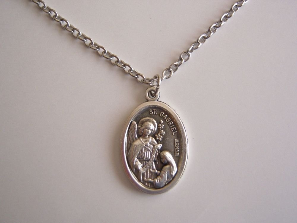 Oxidized Silver Plated St. Gabriel Medal on a Stainless Steel Necklace