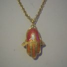 Pink Cloisonne Hamsa Hand on Gold Plated Necklace