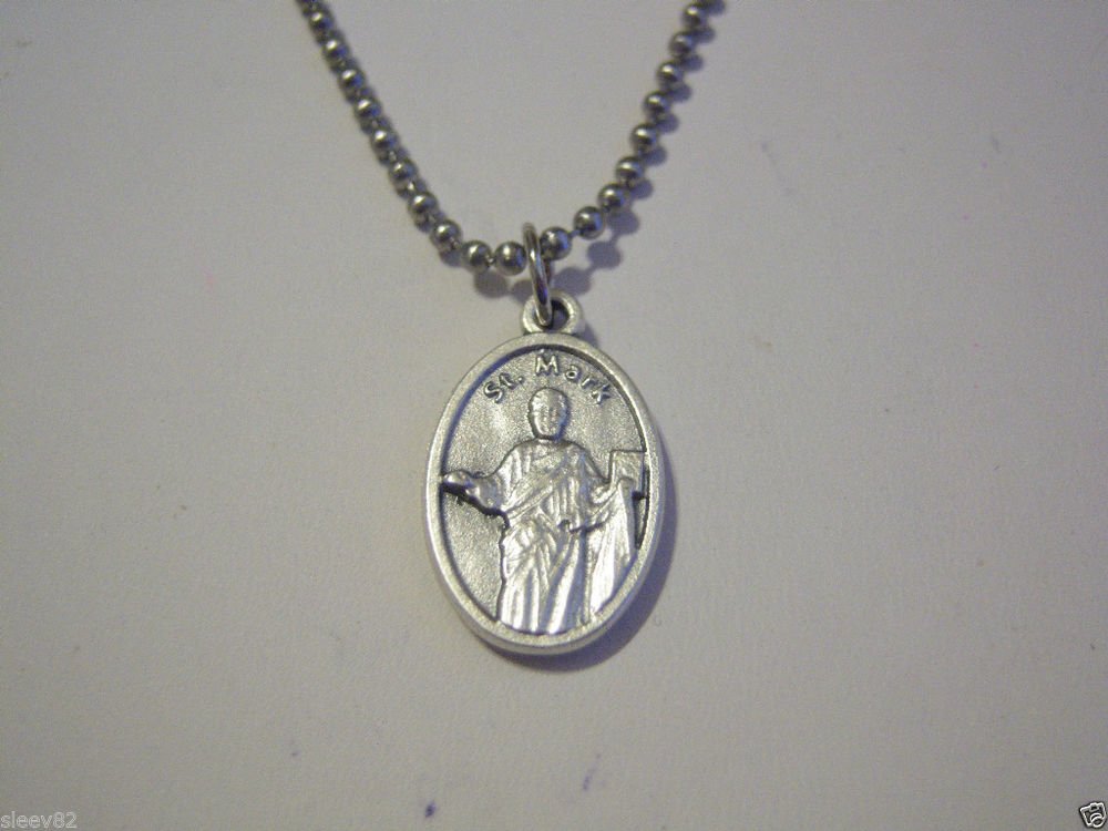 Silver Plated Saint MARK Medal on a Stainless Steel Ball Chain Necklace