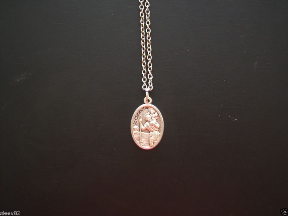 Oxidized Silver St. Christopher St. Anthony Medal Stainless Steel Necklace