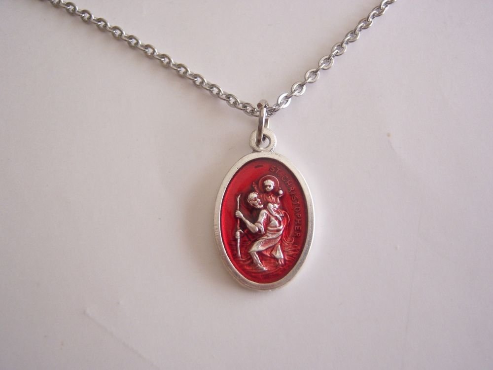 Oxidized Silver Plated and Red Enamel St. Christopher on a 24' Stainless Steel Necklace