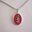 Oxidized Silver Plated and Red Enamel St. Christopher on a 24' Stainless Steel Necklace