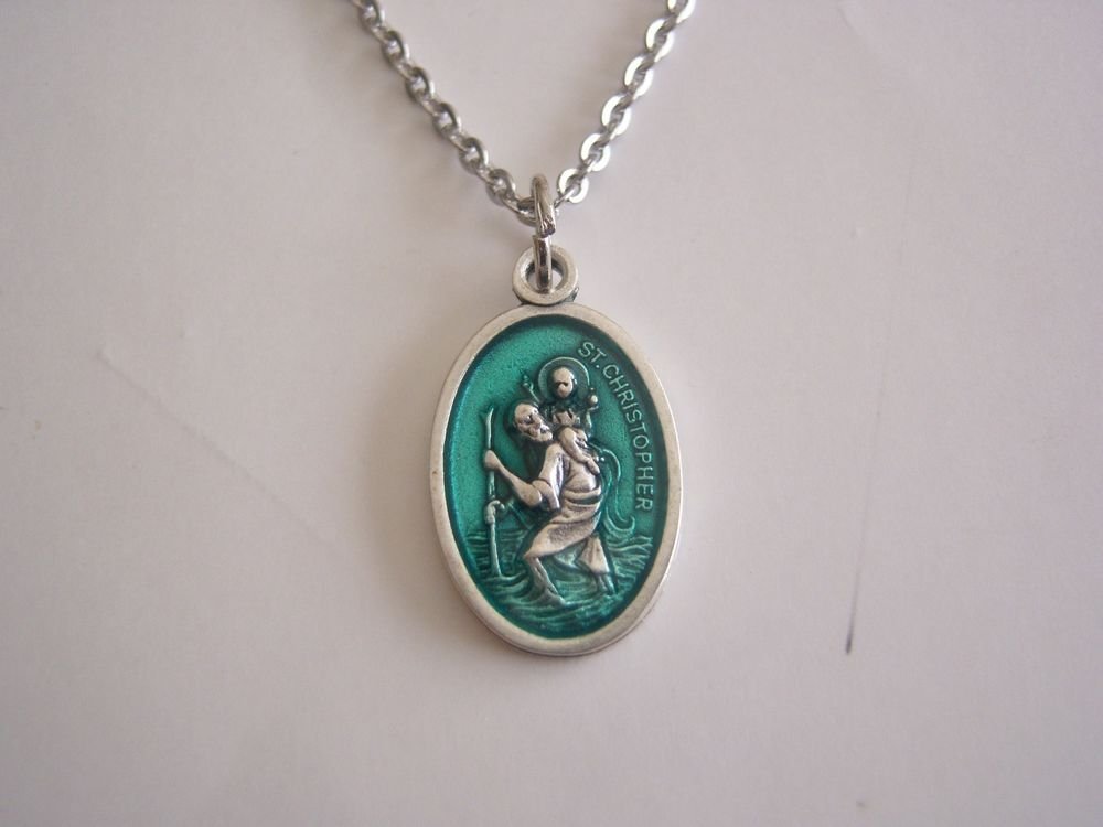 Oxidized Silver Plated Green Enamel St. Christopher on a 24" Stainless Steel Necklace