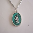 Oxidized Silver Plated Green Enamel St. Christopher on a 24" Stainless Steel Necklace