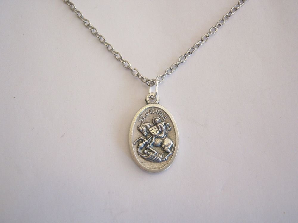 Oxidized Silver Plated St. George Holy Medal on a 24" Stainless Steel Necklace