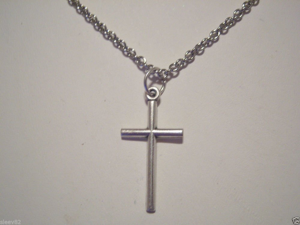 Small Pewter Cross on a 24" Stainless Steel Necklace WON'T TARNISH RUST