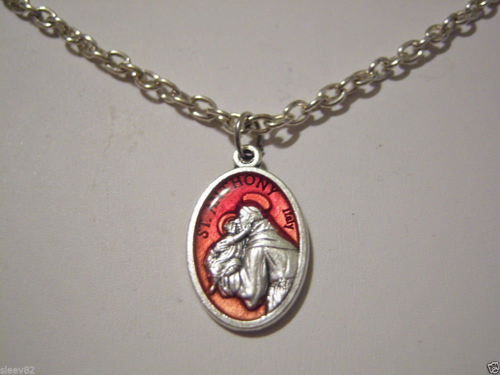 Silver Plated and RED Enamel Saint Anthony with Saint Francis on back 24" Necklace