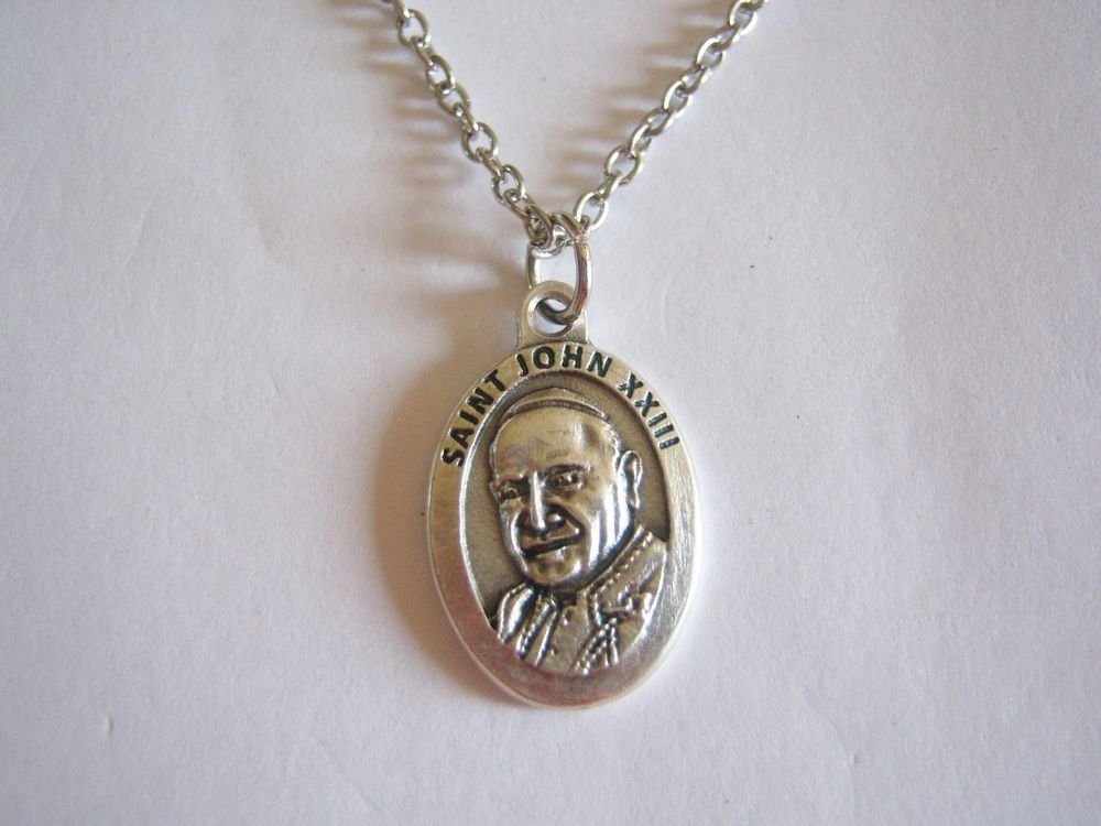 Oxidized Silver Plated Saint John XXIII  on a 24" Stainless Steel Necklace