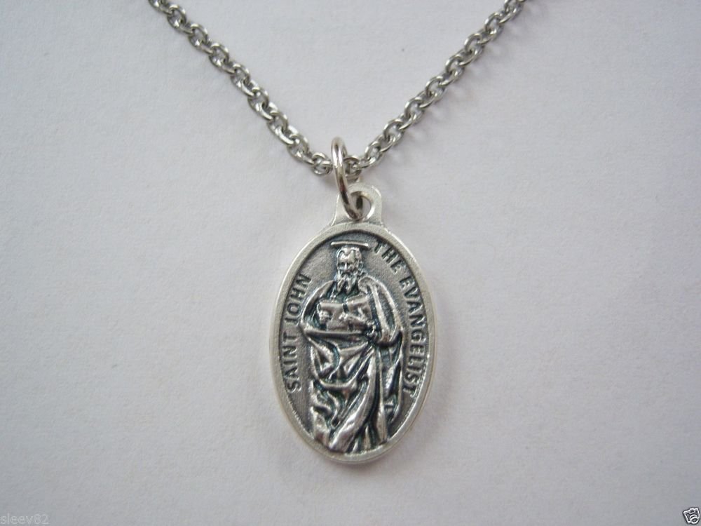 Oxidized Silver St. John the Evangelist  Medal on a 24" Stainless Steel Necklace