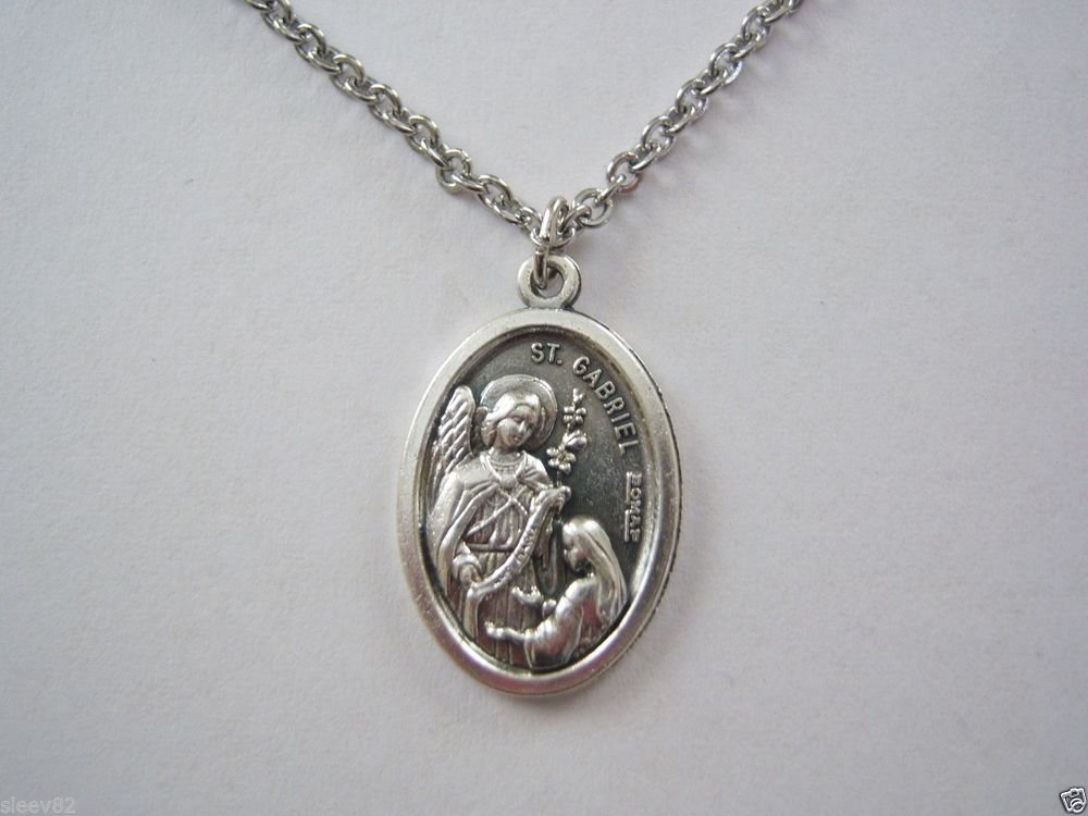 Oxidized Silver St. Gabriel  Medal on a 24" Stainless Steel Necklace