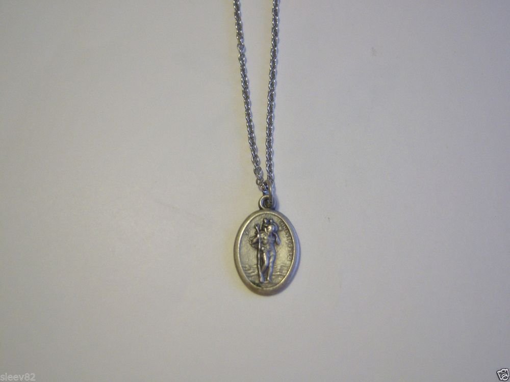 Oxidized Silver St. Christopher Medal on a 24" Stainless Steel Necklace Land Sea Air