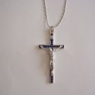 Silver Plated Blue Enamel Crucifix on a 24" Bar and Ball Stainless Steel Necklace