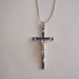 Silver Plated Blue Enamel Crucifix on a 24" Bar and Ball Stainless Steel Necklace