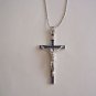 Silver Plated Blue Enamel Crucifix on a 24" Bar and Ball Stainless Steel Necklace