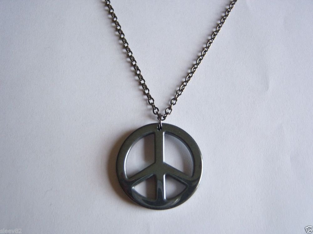 A Beautiful Large Hematite Peace Sign Symbol  on a 24" Gunmetal Necklace