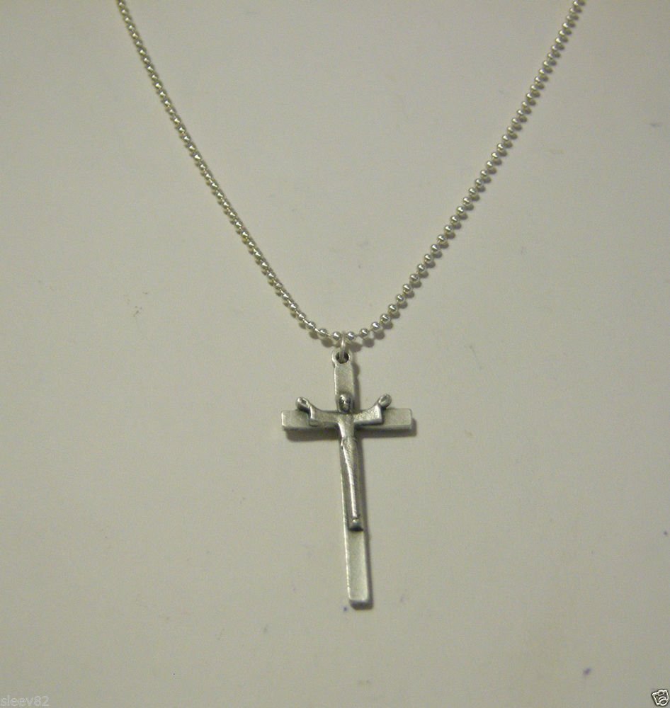Oxidized Silver Plated JESUS on the CROSS 24" Stainless Steel Ball Chain Necklace
