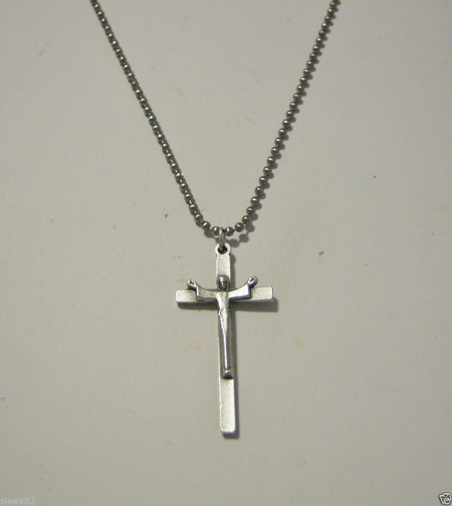 Silver Plated Christ is Risen Crucifix on a 24"Stainless Steel Ball Chain Necklace