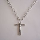 Silver Plated Embossed Bordered Crucifix on a 24" 6 x 8 Silver Plated Necklace