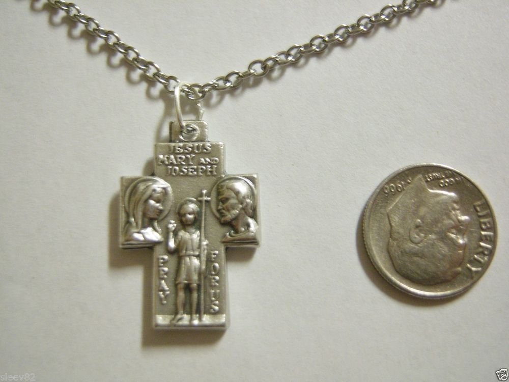Jesus, Mary & Joseph / St. Christopher Cross  on a 24" Stainless Steel Necklace