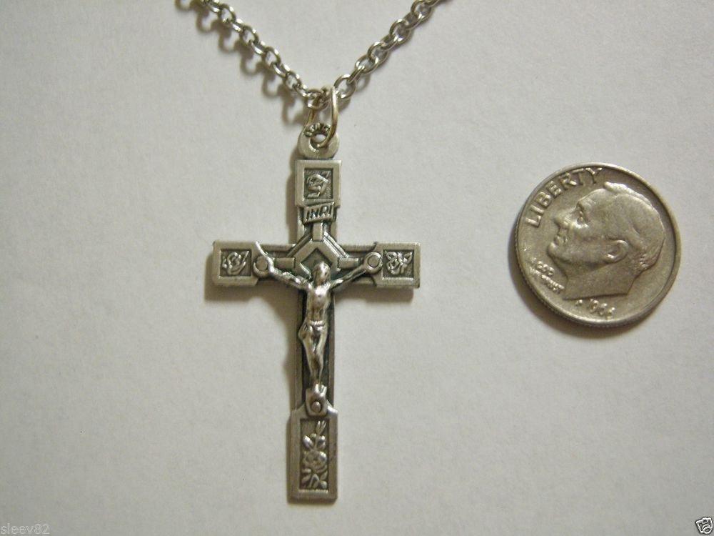 Oxidized Silver Plated Crucifix outlined w/ Roses on a 24" Stainless Steel Necklace