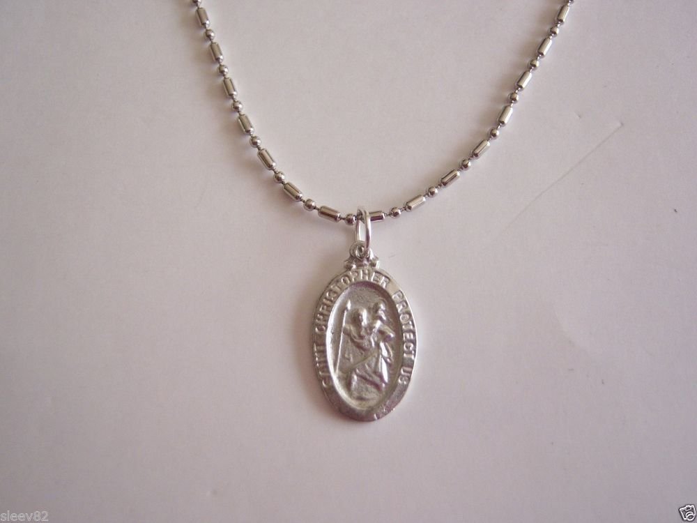 Small Pewter Oval Saint Christopher on a 24" Bar and Ball Stainless Steel Necklace
