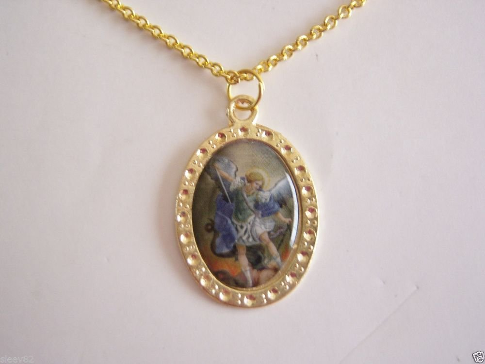 Gold Plated Colored St. Michael Devotional Medal on a 24" Gold Plated Necklace
