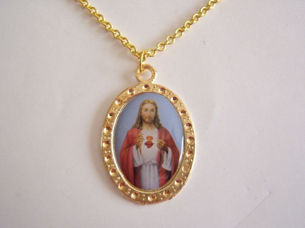 Gold Plated Colored Sacred Heart Devotional Medal on a 24" Gold Plated Necklace