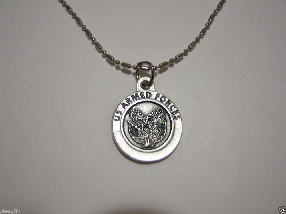 Silver Pltd Armed Forces & St. Michael on a 24" Bar & Ball Stainless Steel Necklace