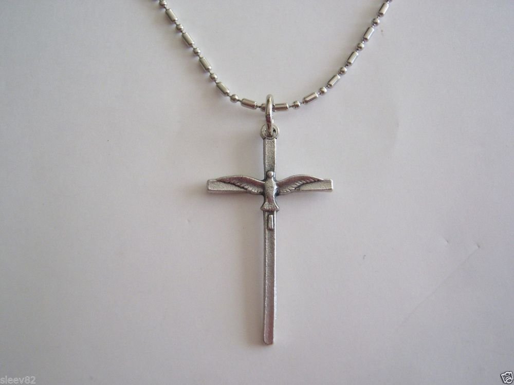 Ox Silver Plated Holy Spirit Cross on a 24" Bar and Ball Stainless Steel Necklace