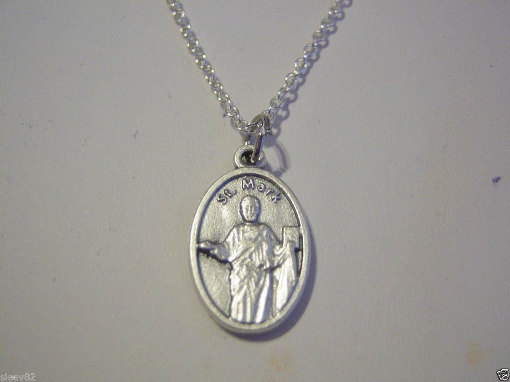 Oxidized Silver Plated St MARK Medal on a 24"Stainless Steel Necklace