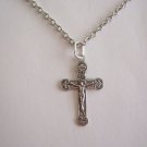 Silver Plated Rounded Edge with Lilies Crucifix on a 24" Stainless Steel Necklace