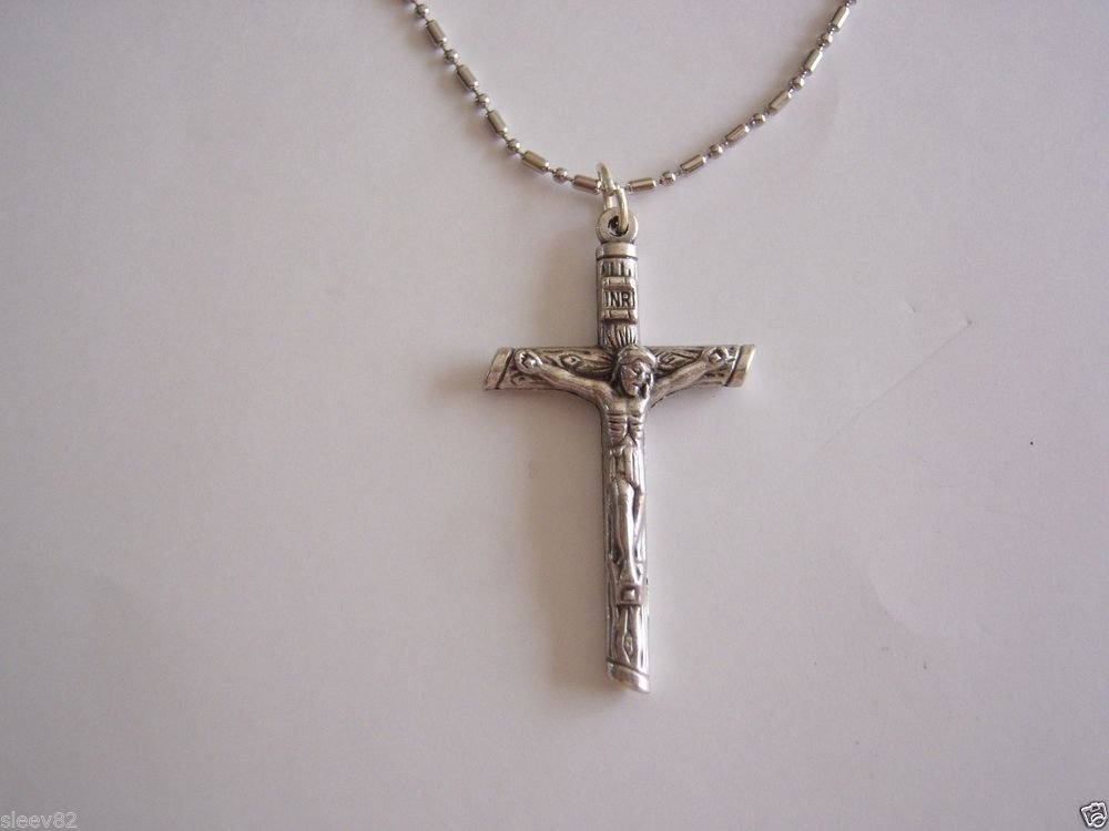 Oxidized Silver Plated Log Crucifix  on a 24" Stainless Steel Bar and Ball Necklace