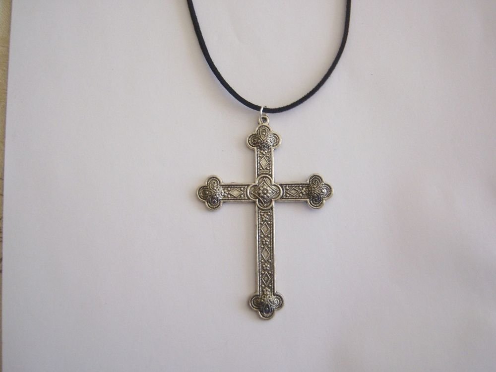Antiqued Silver Plated Large Gothic Cross on an 18" Black Suede Choker / Necklace