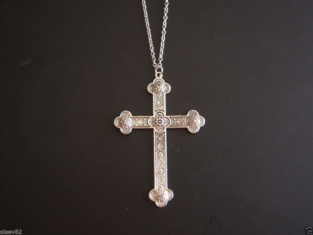 Large Detailed Oxidized Silver Plated Cross on a 24" Stainless Steel Necklace