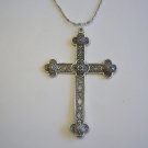 Detailed Oxidized Silver Plated Cross on a 24" Bar and Ball Stainless Steel Necklace